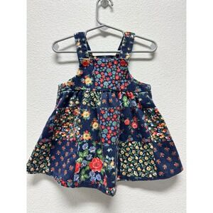 Healthtex Corduroy Jumper Dress Girls 12M Navy Blue Floral Cottagecore Vintage